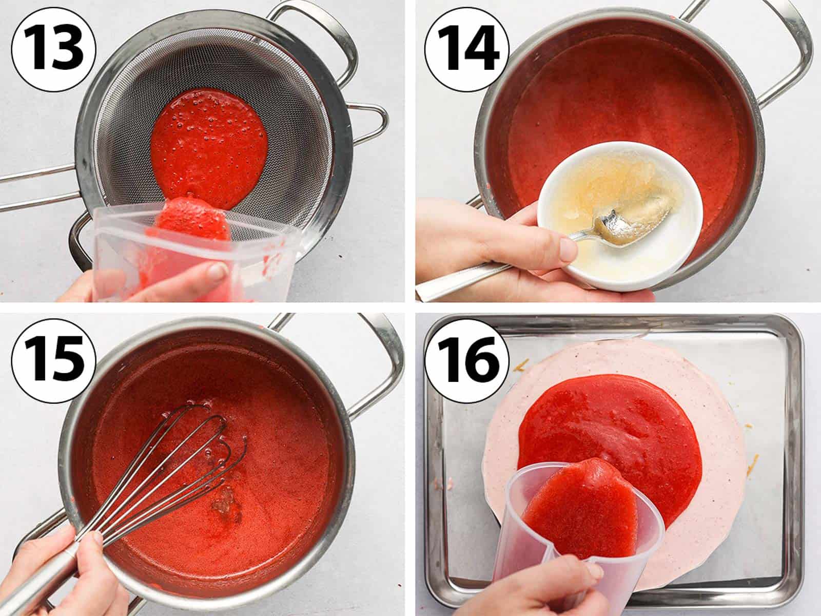 Process Shot Collage: making the strawberry jelly topping and pouring it over the chilled mousse filling.