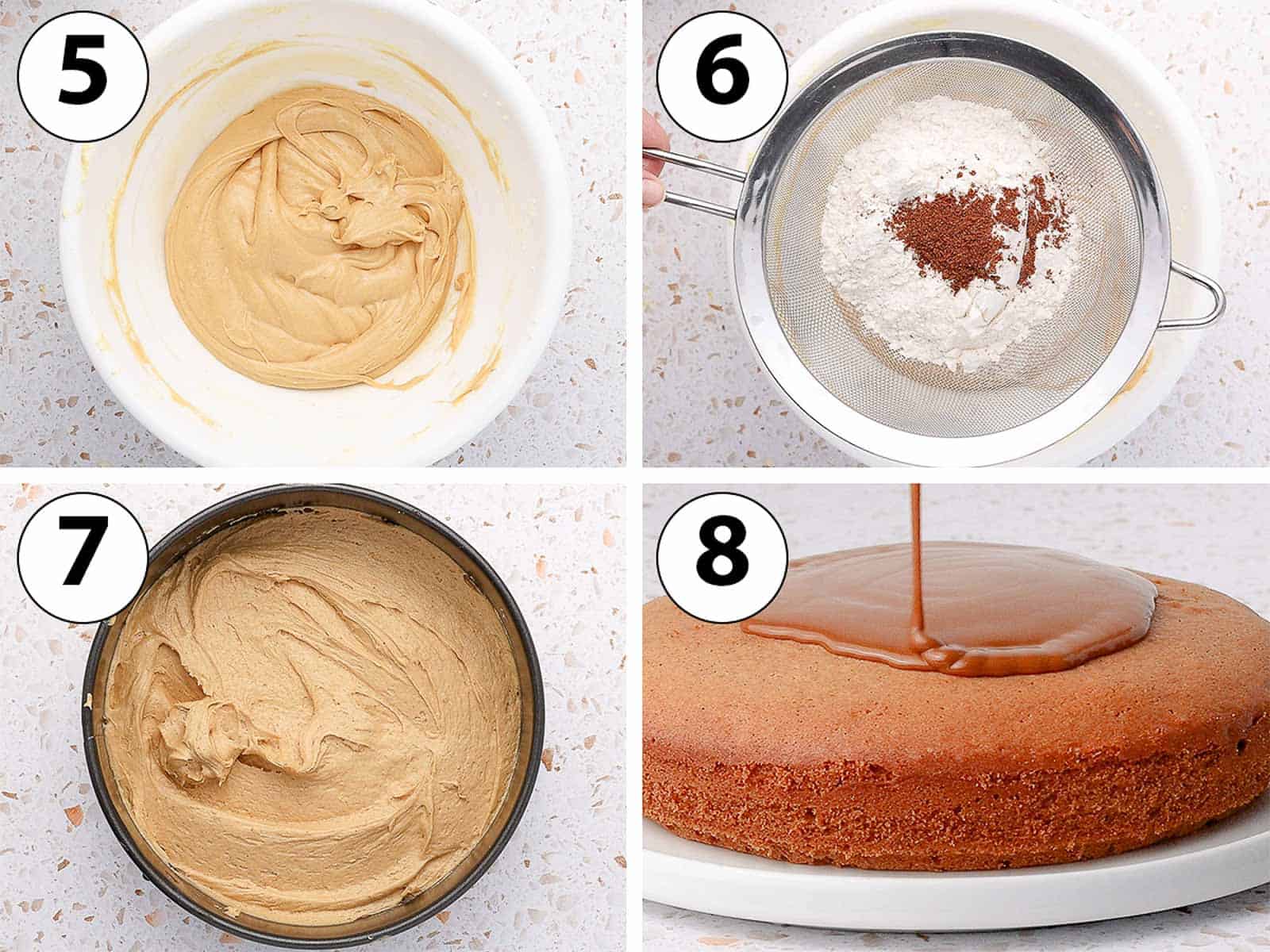 Process Shot Collage: adding the dry ingredients, baking the cake and topping it with biscoff spread.