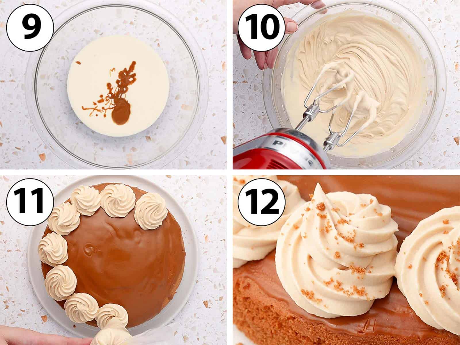 Process Shot Collage: making the biscoff whipped cream topping and piping it on the cake.