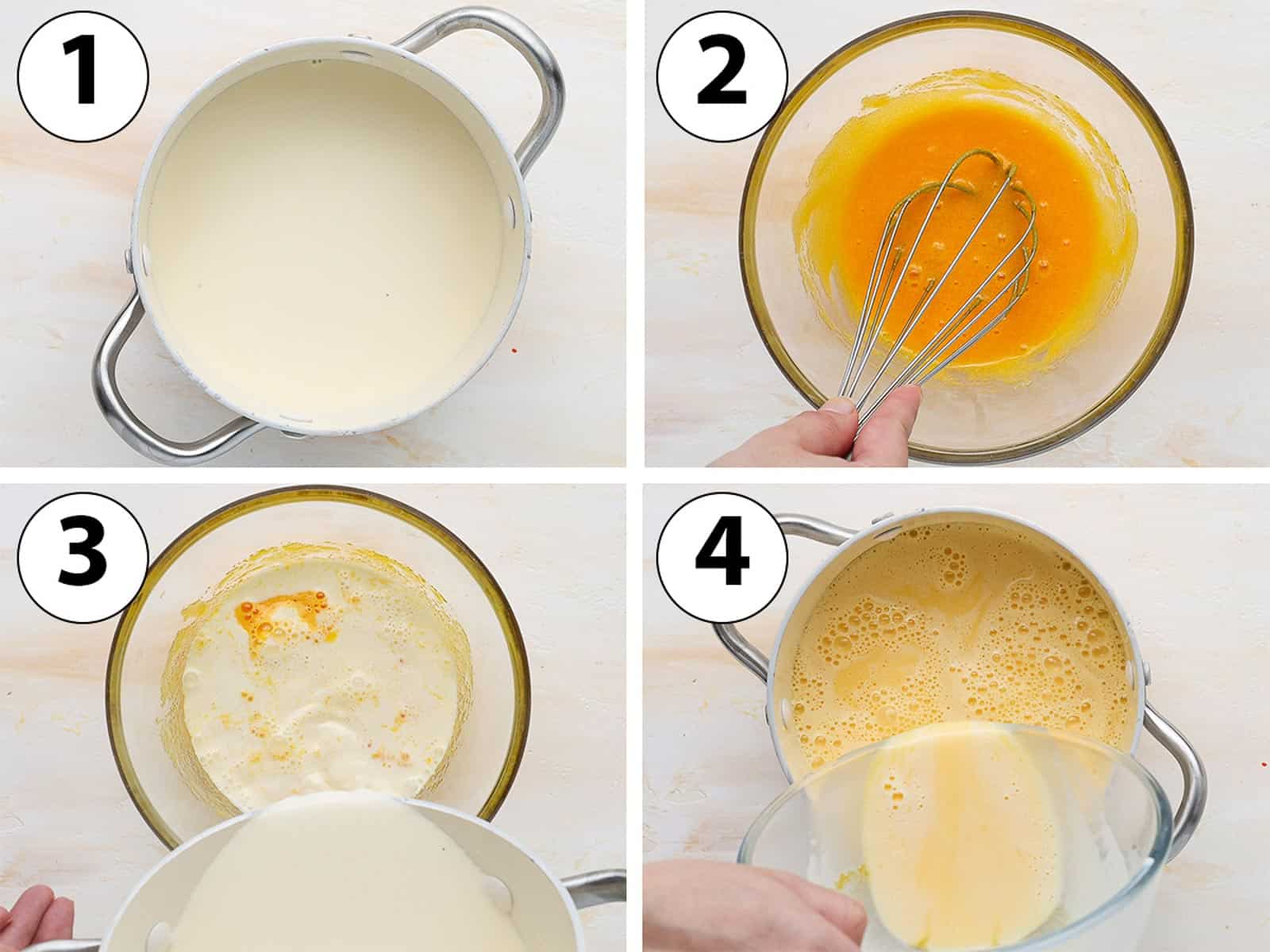 Process Shot Collage: preparing the creme anglaise base in a saucepan.