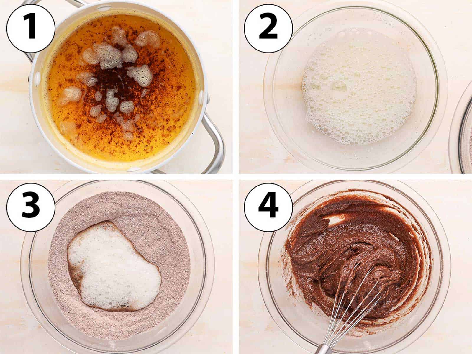 Process Shot Collage: making brown butter and combining egg whites and dry ingredients.