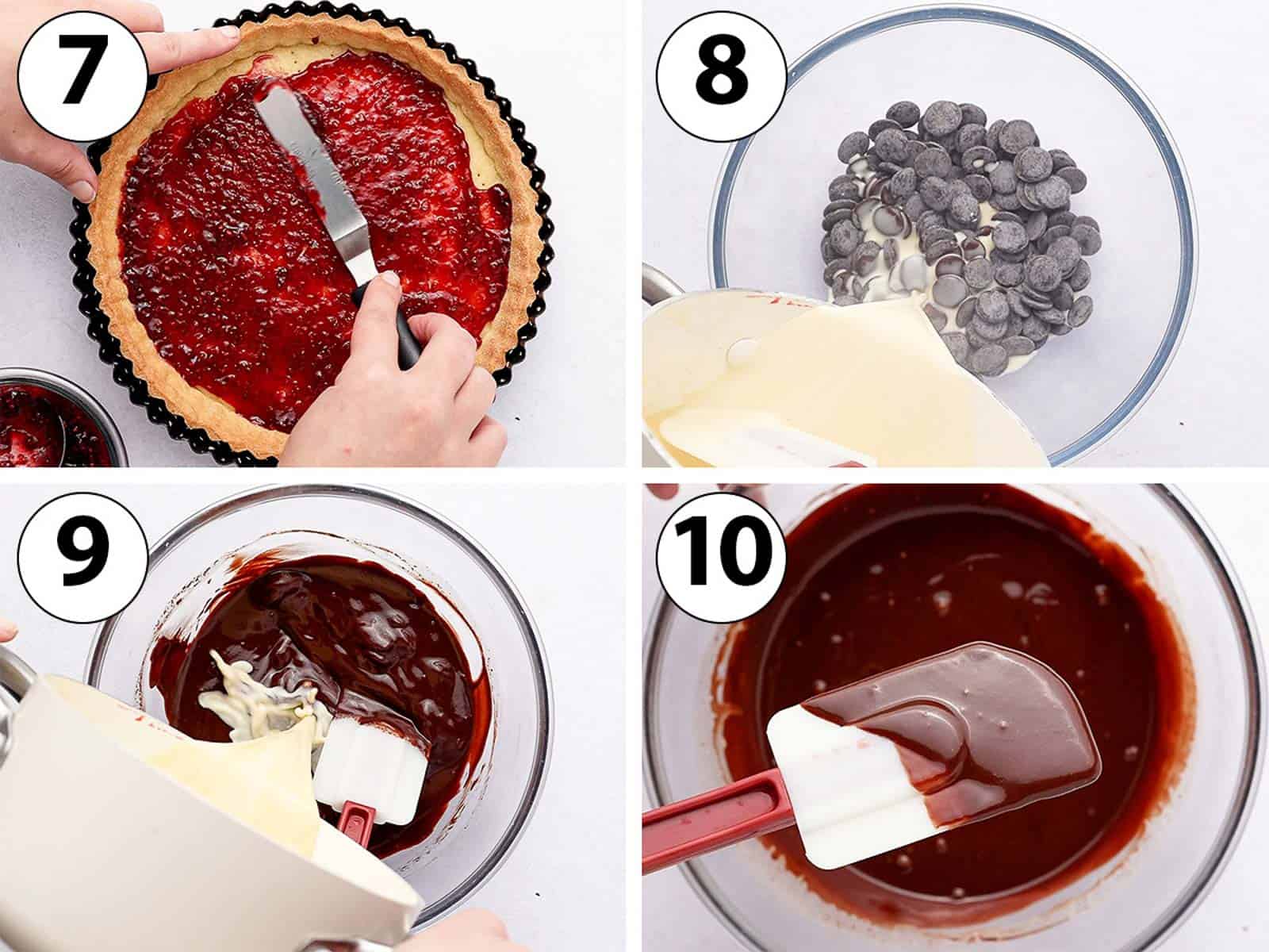 Process Shot Collage: spreading jam at the bottom of the tart and making the ganache filling.