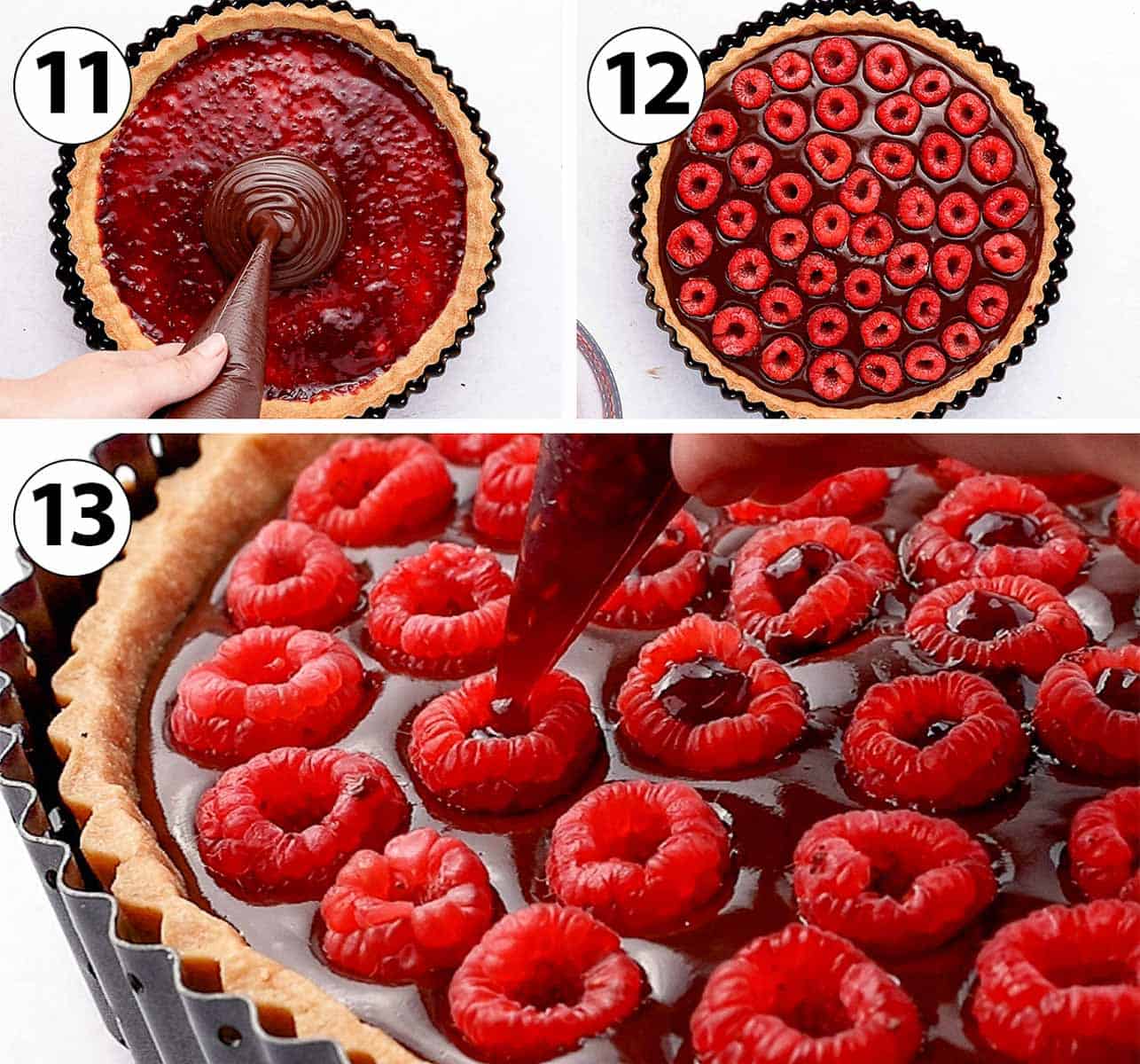 Process Shot Collage: pouring the ganache in the tart crust and finishing it with fresh raspberries filled with jam.