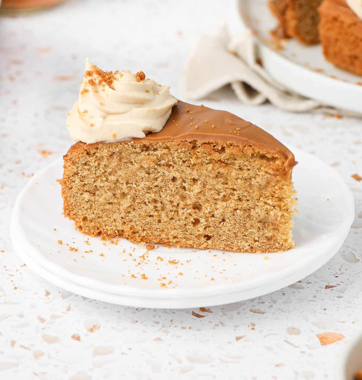 One slice of cake on a small white plate.