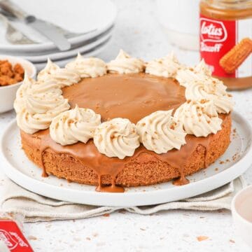 Close up on the biscoff cake on a white plate over a beige napkin.