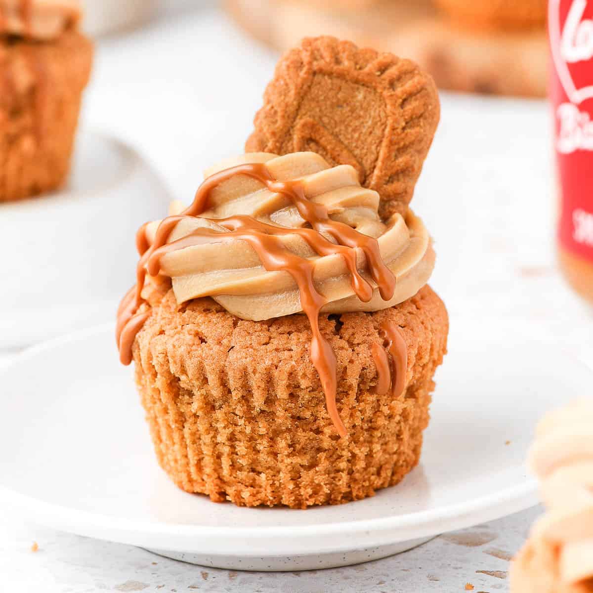 One biscoff cupcake sitting on a small white plate.