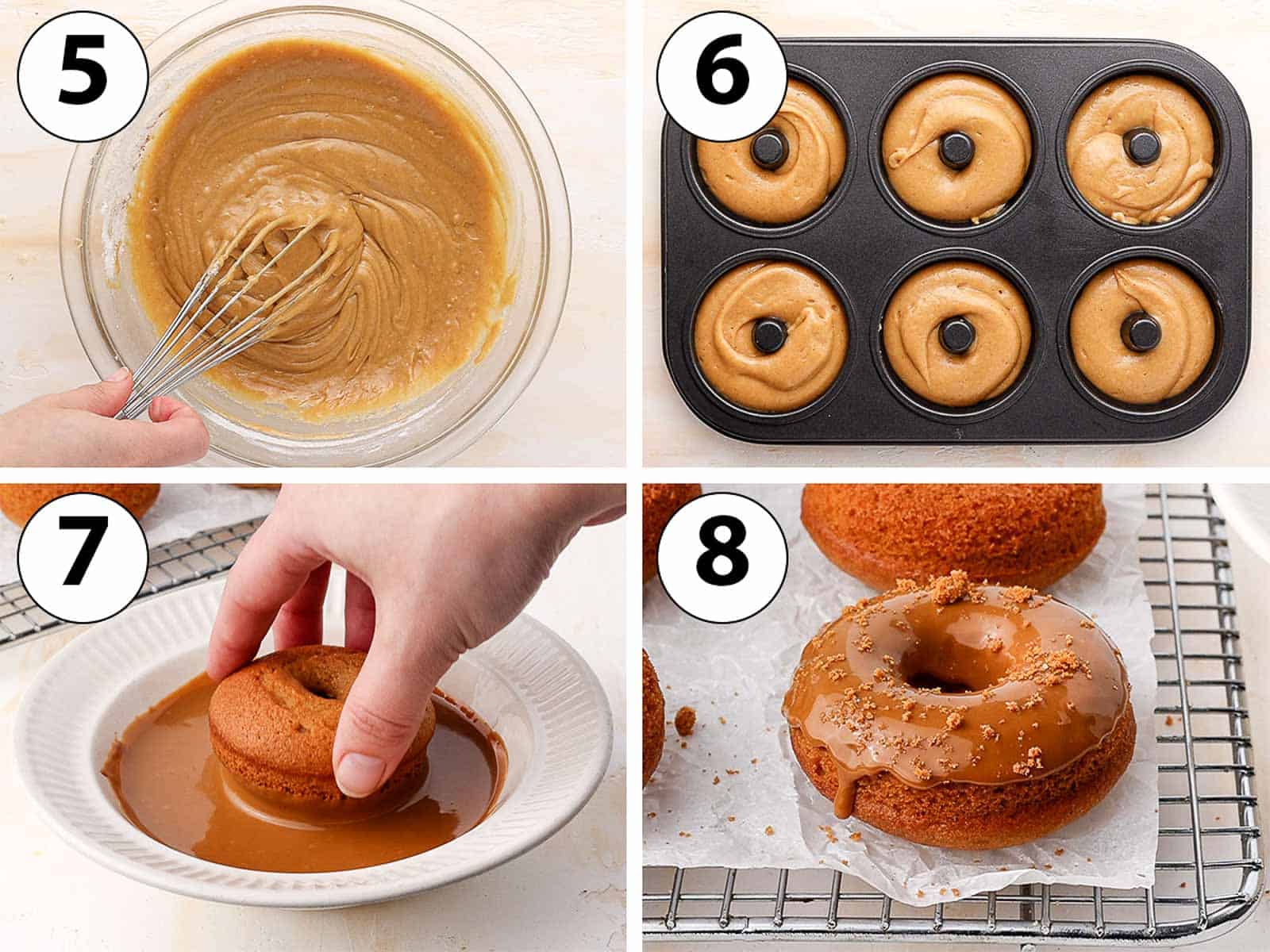 Process Shot Collage: piping the batter into the donut pan and glazing the donuts.