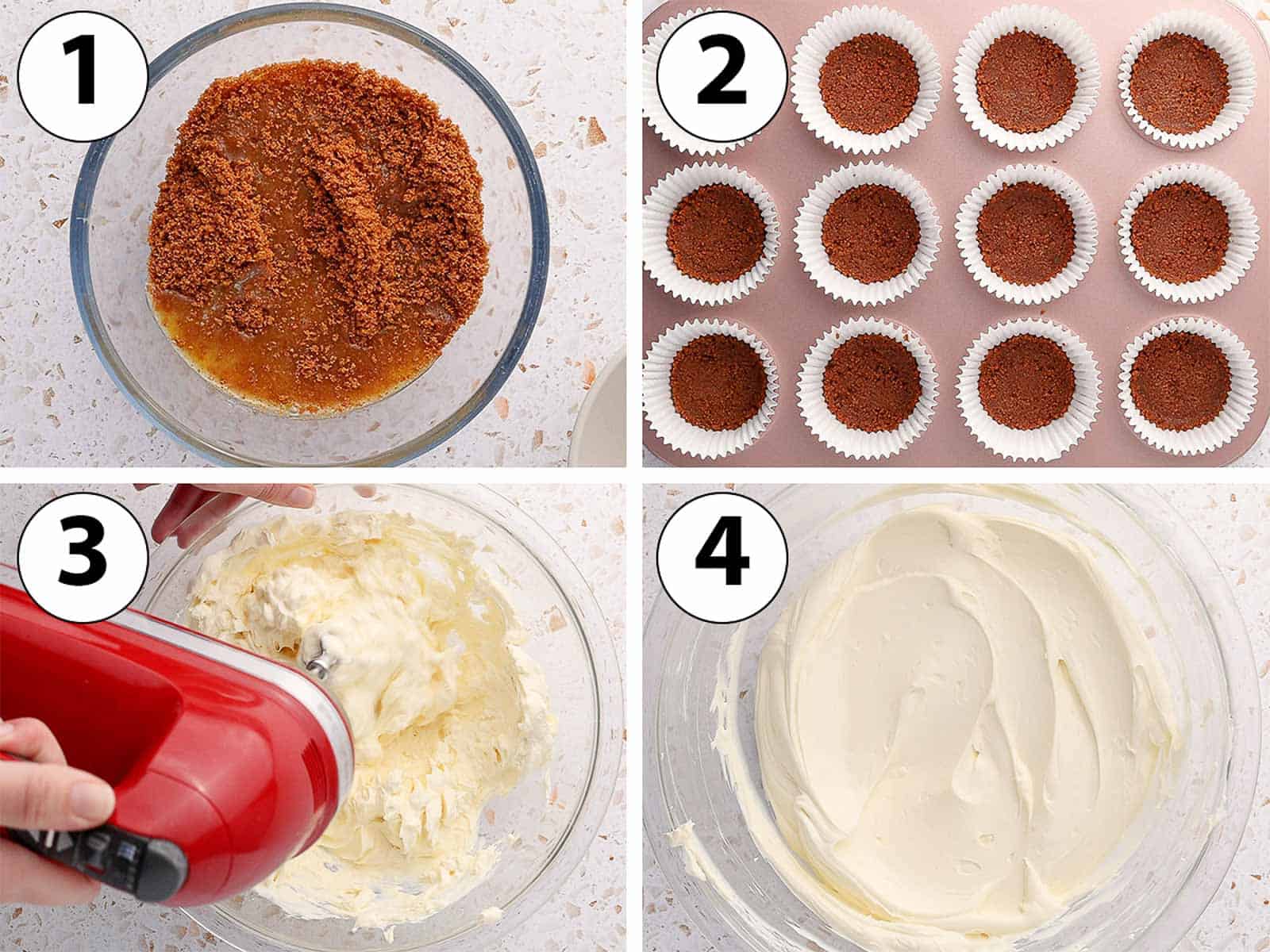 Process Shot Collage: making the crumb crust and mixing the cream cheese and sour cream.