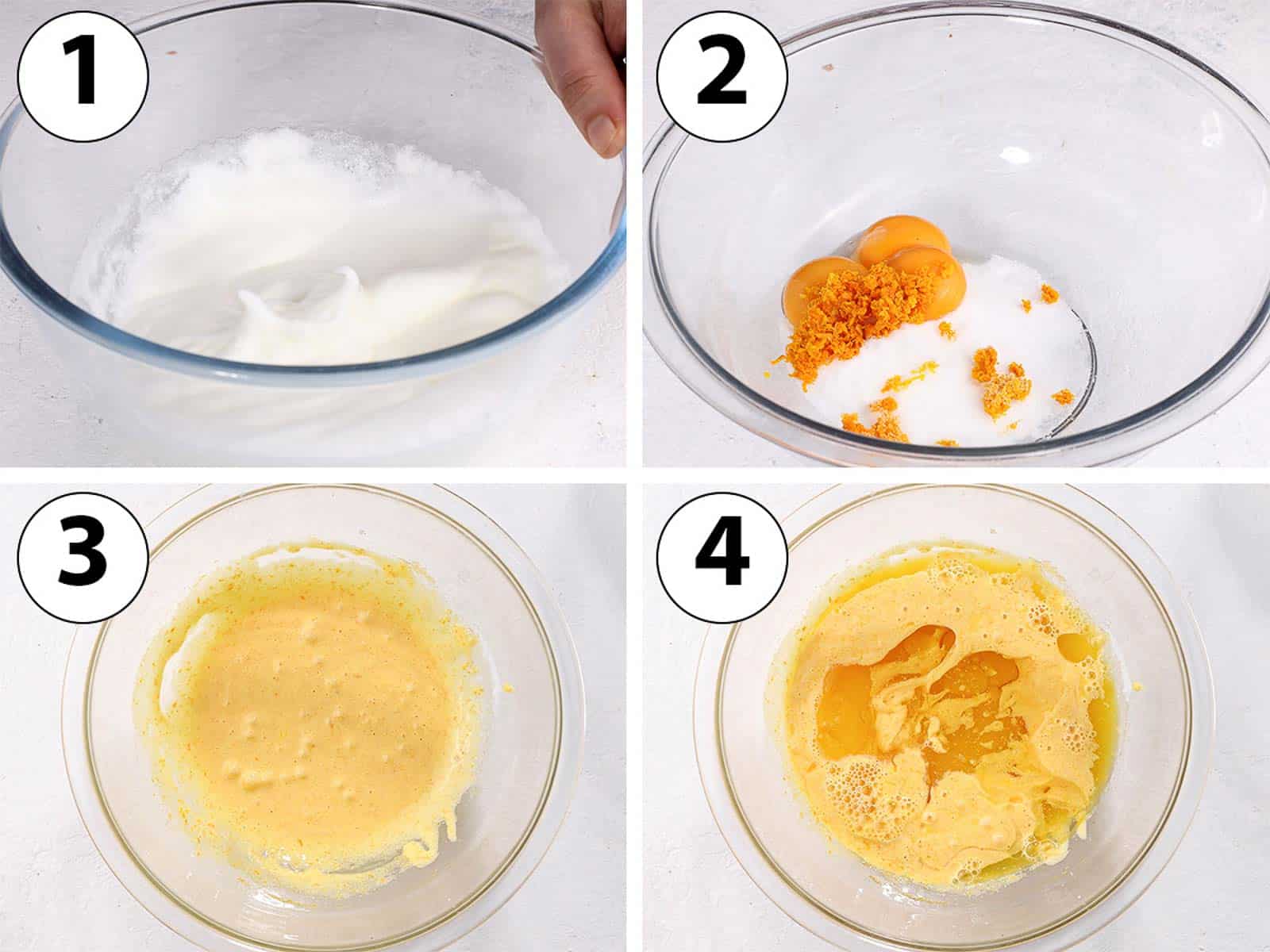 Process Shot Collage: whipping the eggs whites, then the wet ingredients in a separate bowl.