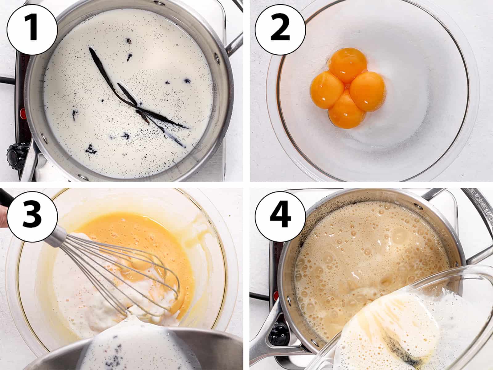 Process Shot Collage: heating up the milk, mixing the eggs and sugar and combining the two mixtures.