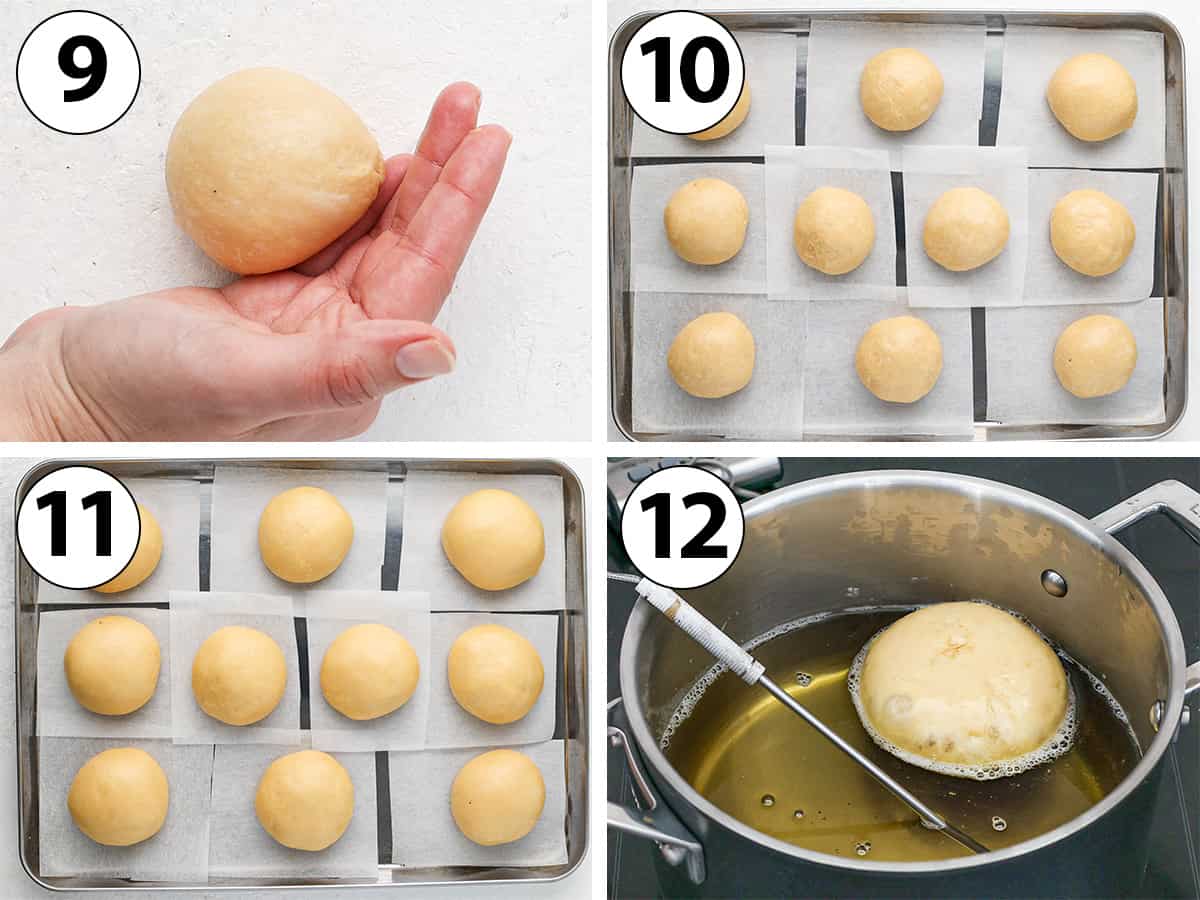 Process Shot Collage: shaping the dough into small balls and frying them in a saucepan.