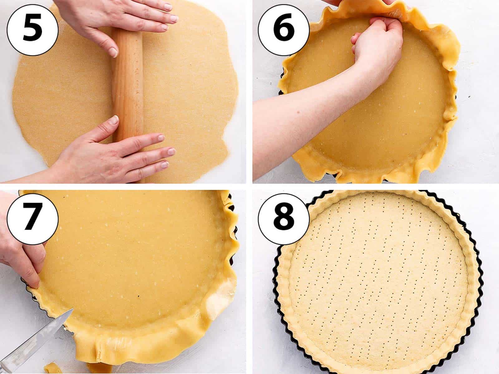 Process Shot Collage: rolling the tart pastry and lining the tart pan.