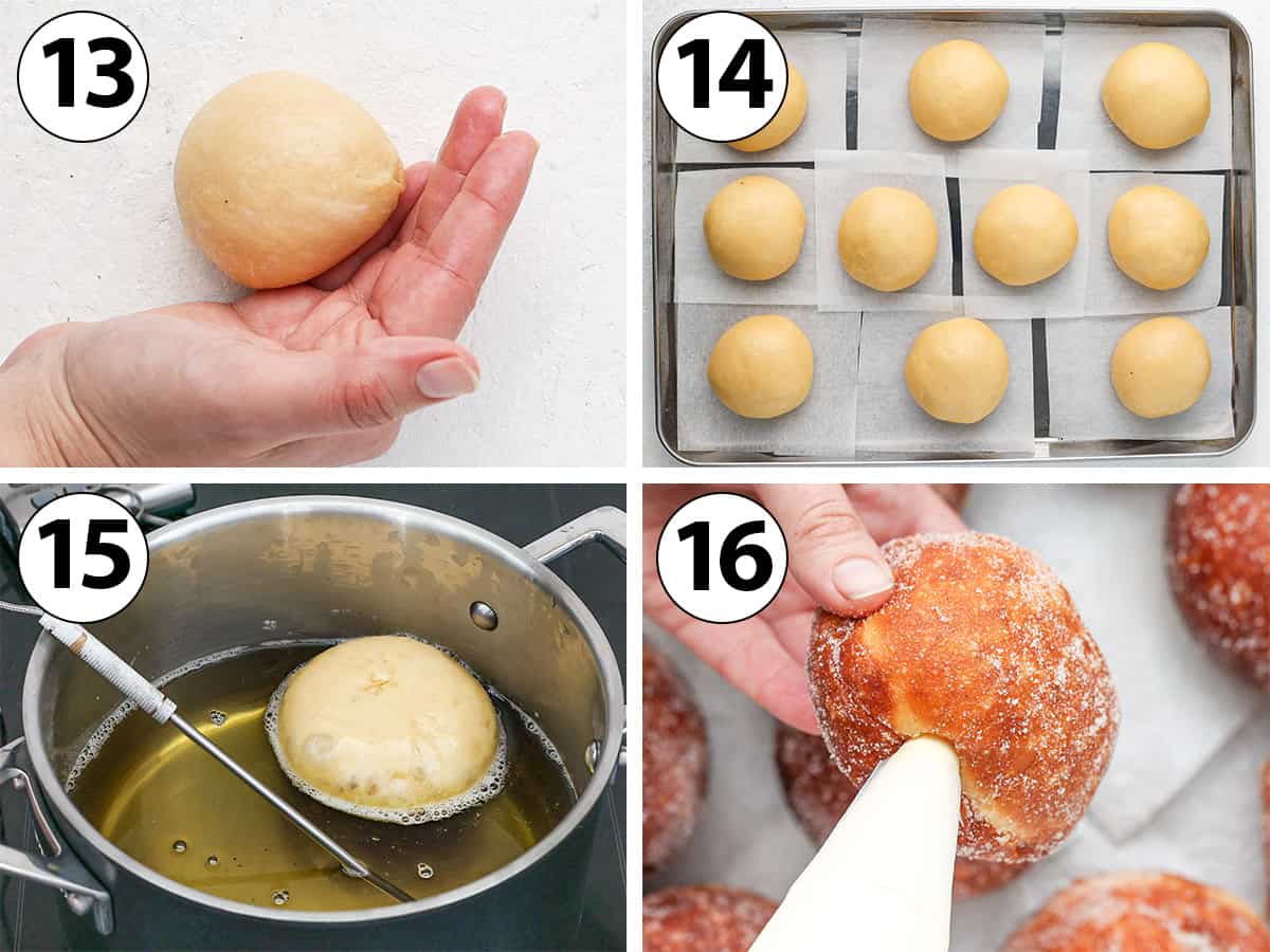 Process Shot Collage: shaping and frying the donuts then filling them with the cream.