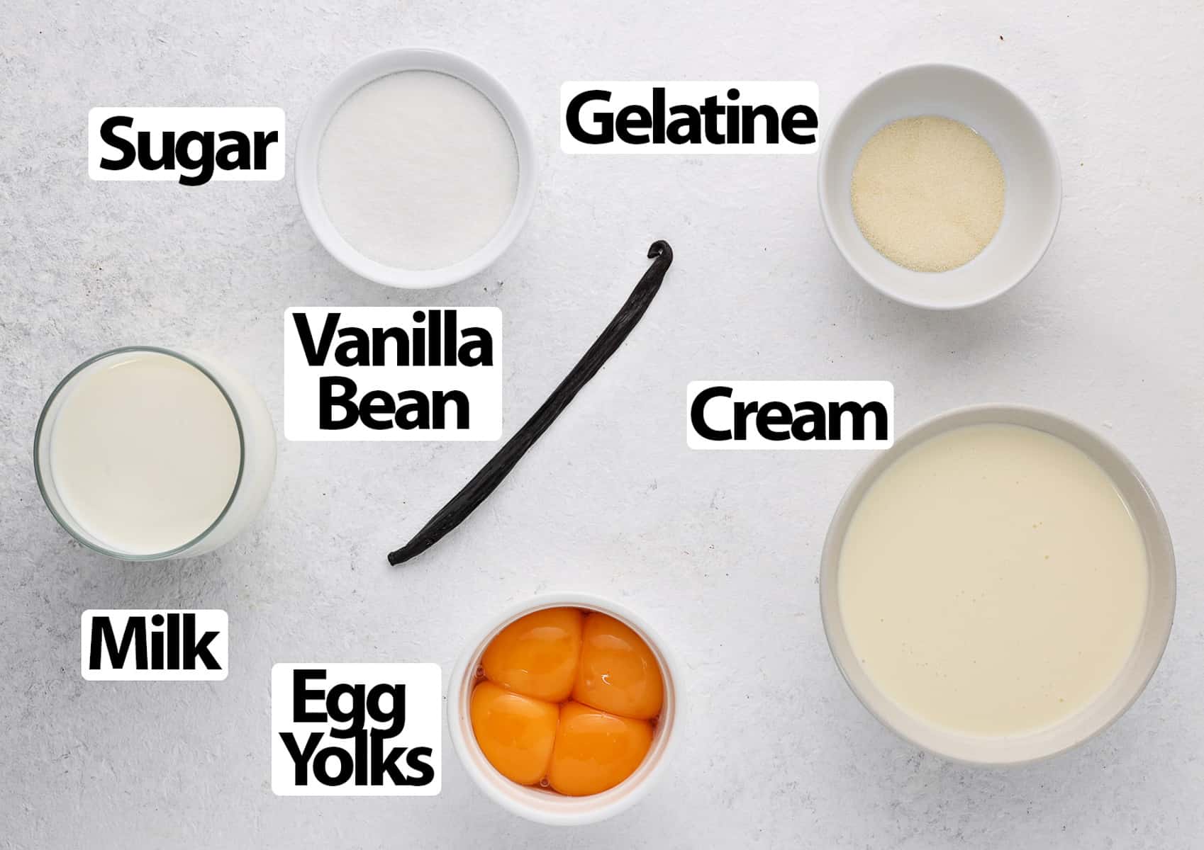 Ingredients for the cream filling over a white surface.