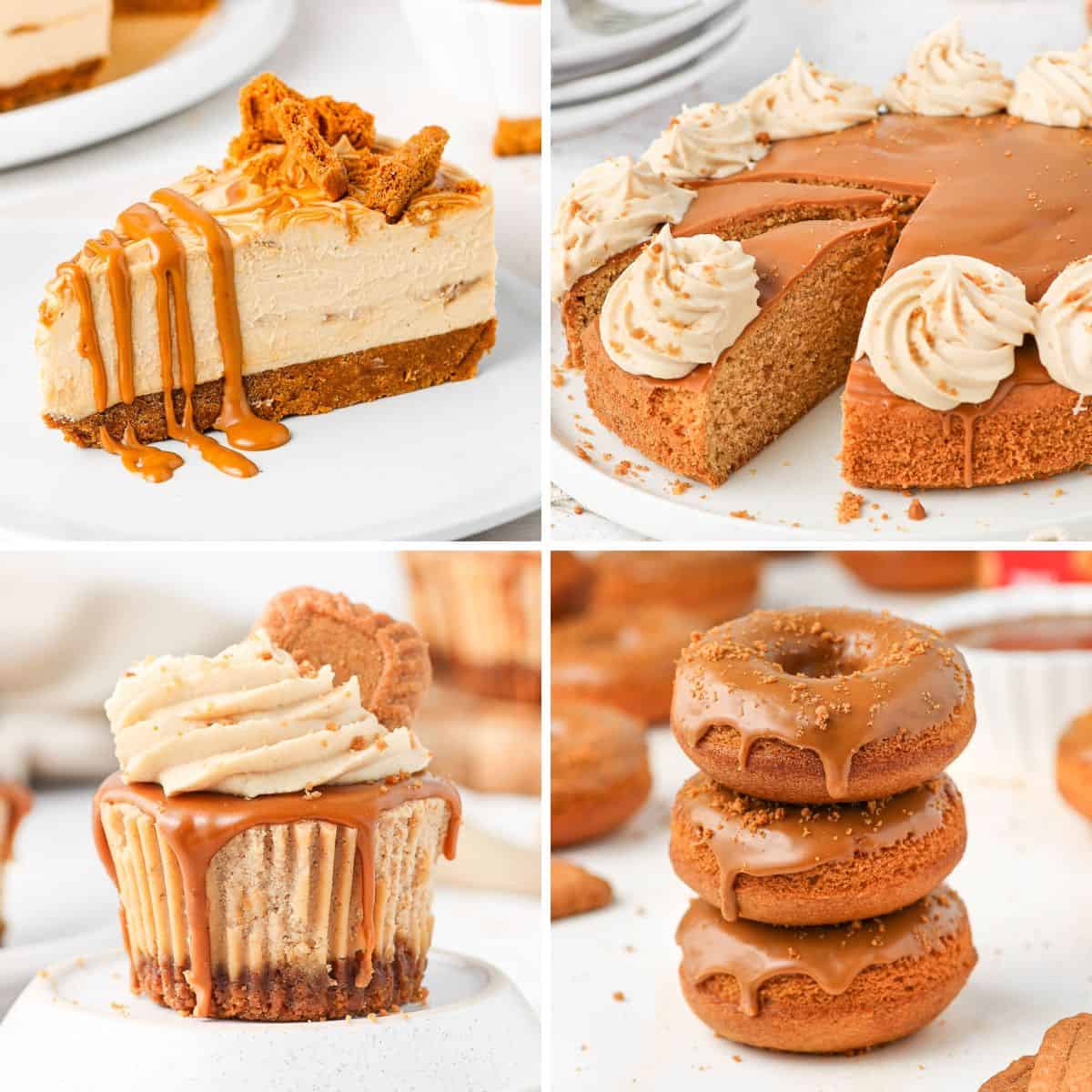 Grid of four photos of desserts made with biscoff, including cheesecake, cake, cupcake and donuts.