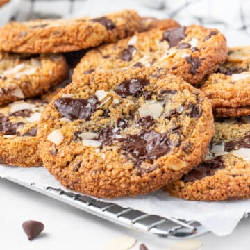 Stack of cookies over a small wire rack.