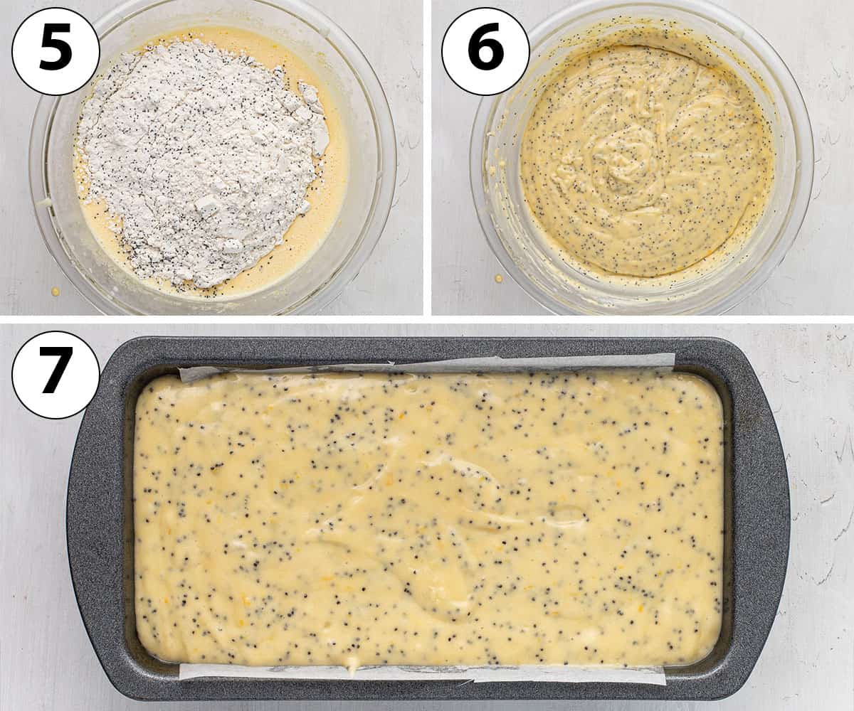 Process Shot Collage: combining wet and dry ingredients and pouring the batter in the loaf pan.