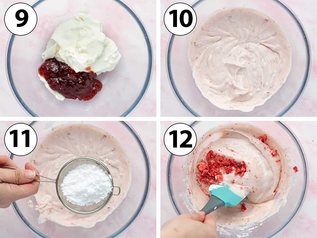 Process Shot Collage: making the strawberry cream cheese frosting in a glass bowl.