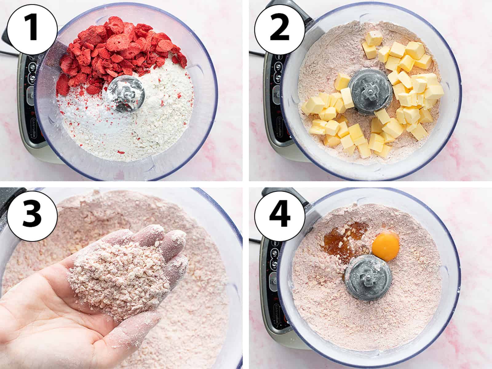 Process Shot Collage: mixing the dry ingredients in the food processor then adding the butter & egg.