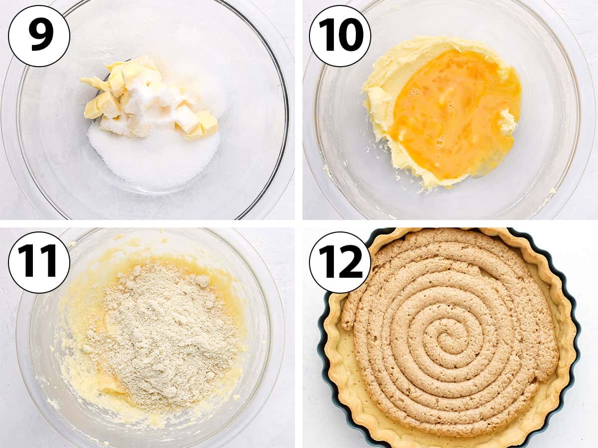 Process Shot Collage: mixing the ingredients for almond cream filling and piping it inside the baked crust.