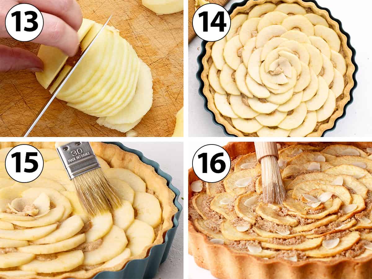 Process Shot Collage: slicing the apples and placing them over the almond cream, then brushing them with melted butter.