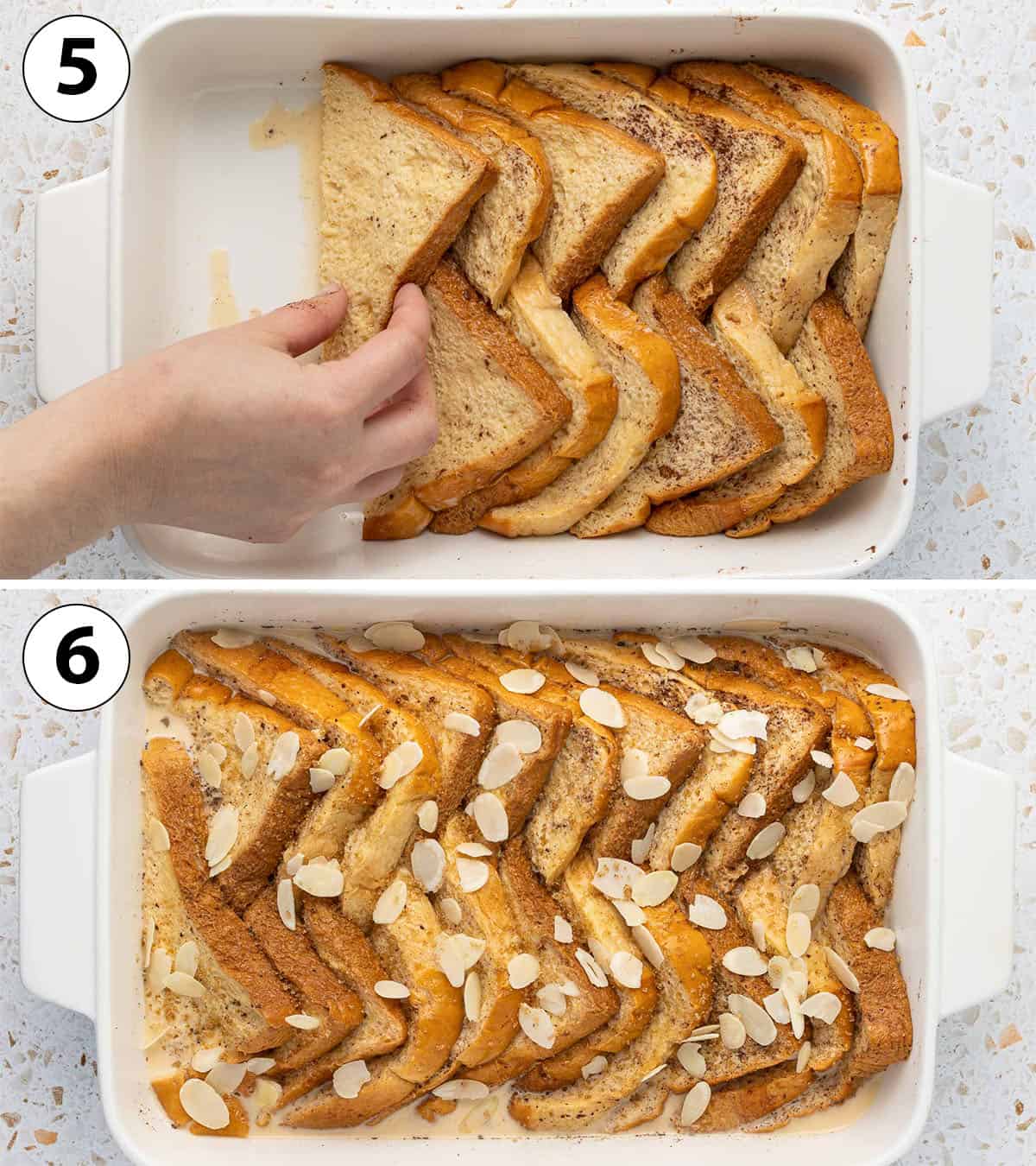 Process Shot Collage: assembling the french toast inside a casserole dish.