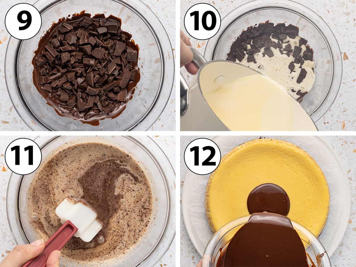 Process Shot Collage: mixing chocolate and cream to make chocolate ganache topping.