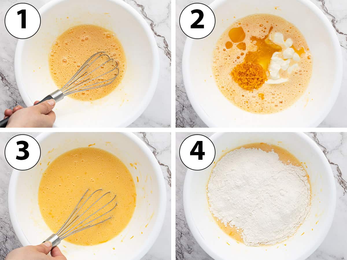 Process Shot Collage: mixing all the wet ingredients then adding the flour.