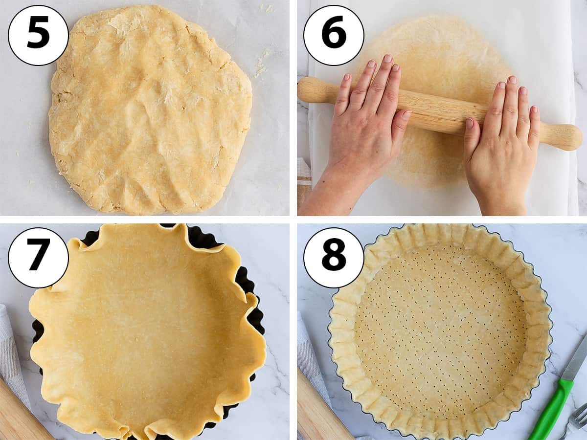 Process Shot Collage: rolling the quiche pastry and lining it in the tart pan.