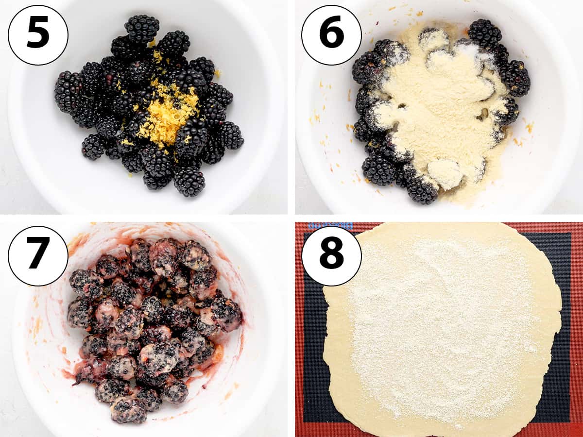 Process Shot Collage: mixing the filling ingredients in a large bowl and adding almond meal over the rolled pastry.