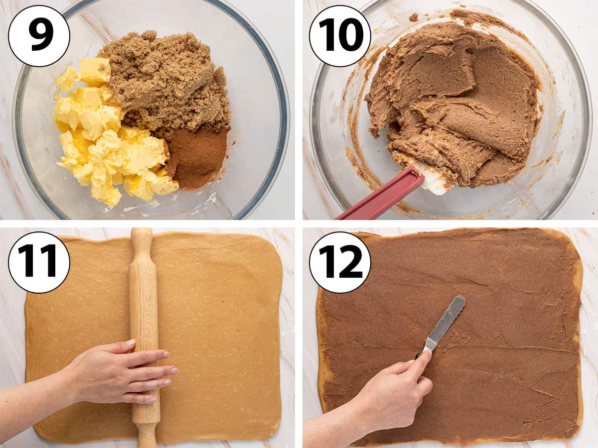 Process Shot Collage: making the cinnamon filling, rolling the dough into a rectangle and spreading the filling over.