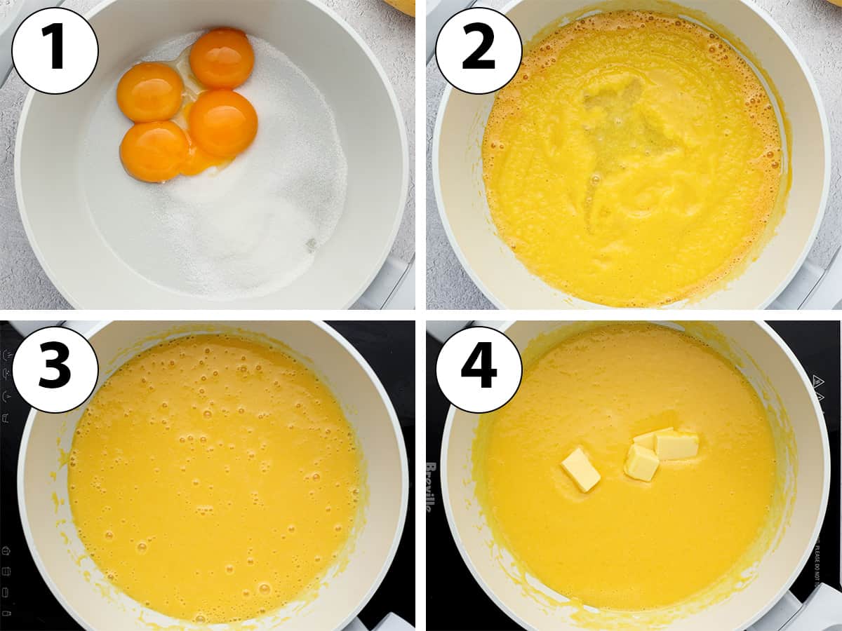 Process Shot Collage: mixing the ingredients in a grey saucepan and cooking it on the stove.