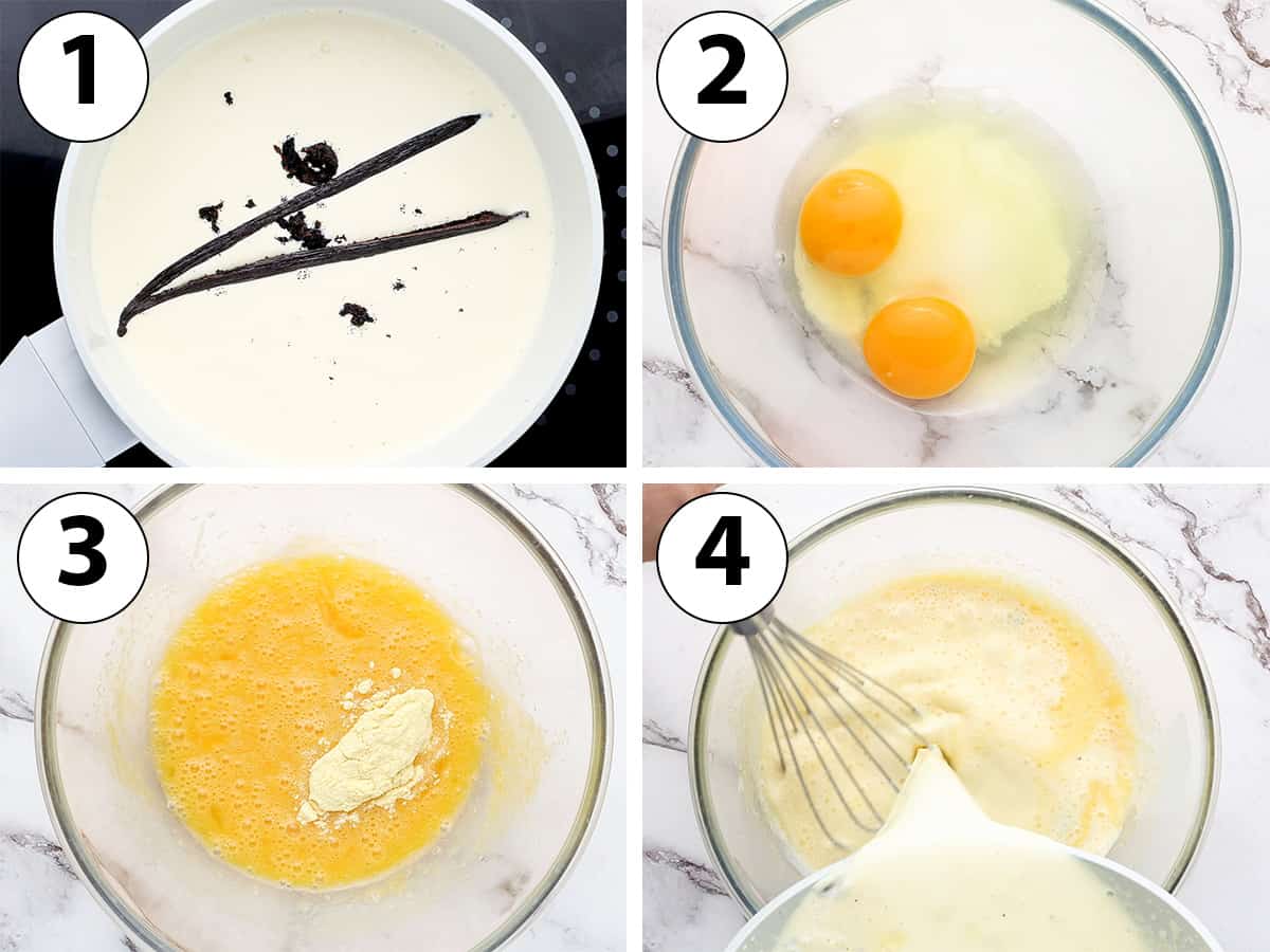 Process Shot Collage: heating up cream & vanilla, mixing eggs, sugar & cornstarch and combining the two mixtures.