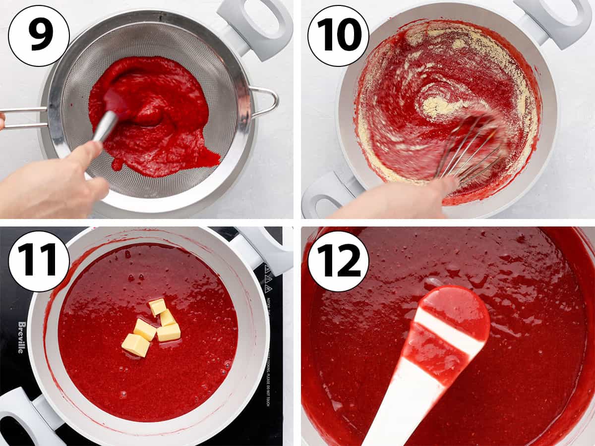 Process shot collage: cooking the raspberry curd in a saucepan.