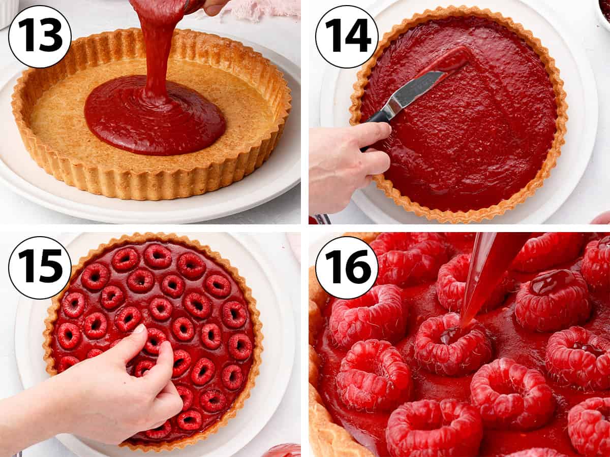 Process shot collage: assembling the tart by pouring the curd in the baked crust and topping it with raspberries filled with jam.