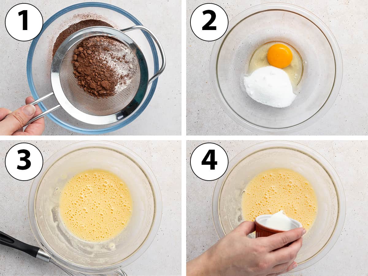 Process Shots Collage: sifting the dry ingredients, whisking the eggs and sugar and adding the milk.