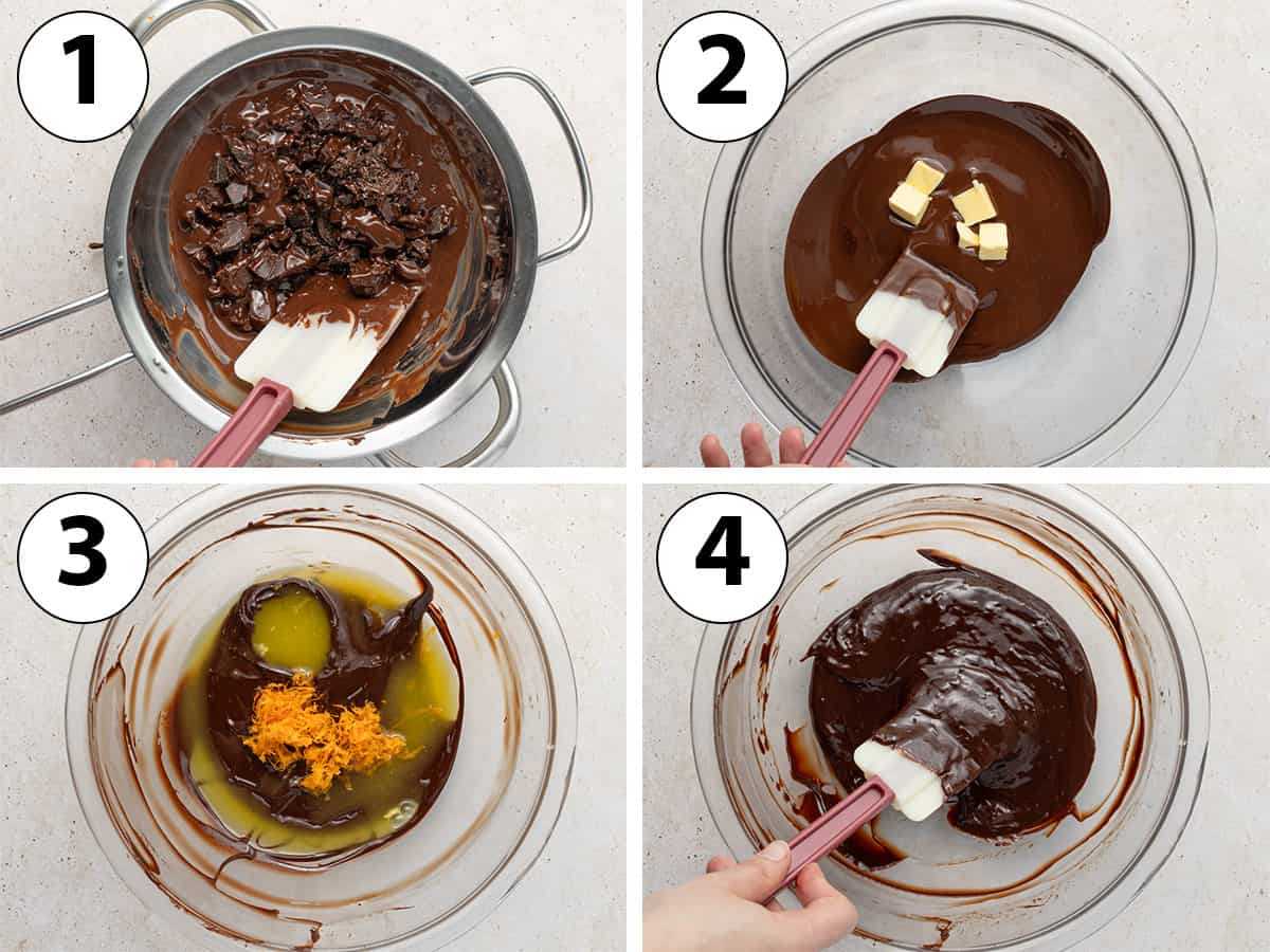 Process shot collage: melting the chocolate and butter, adding the orange zest and juice.