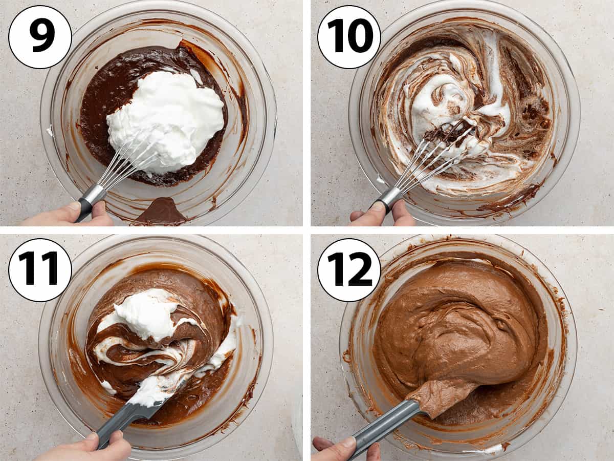 Process shot collage: folding in the whipped egg whites into the chocolate mixture.