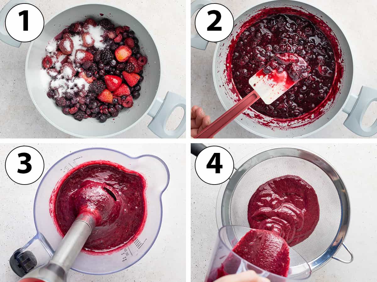 Process shot collage: cooking the ingredients in a saucepan, blending and sieving them.
