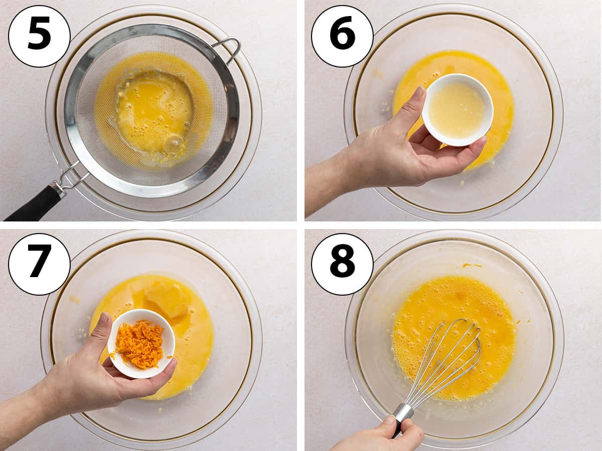 Process shot collage: whisking the gelatine and orange zest into the cooked egg mixture.