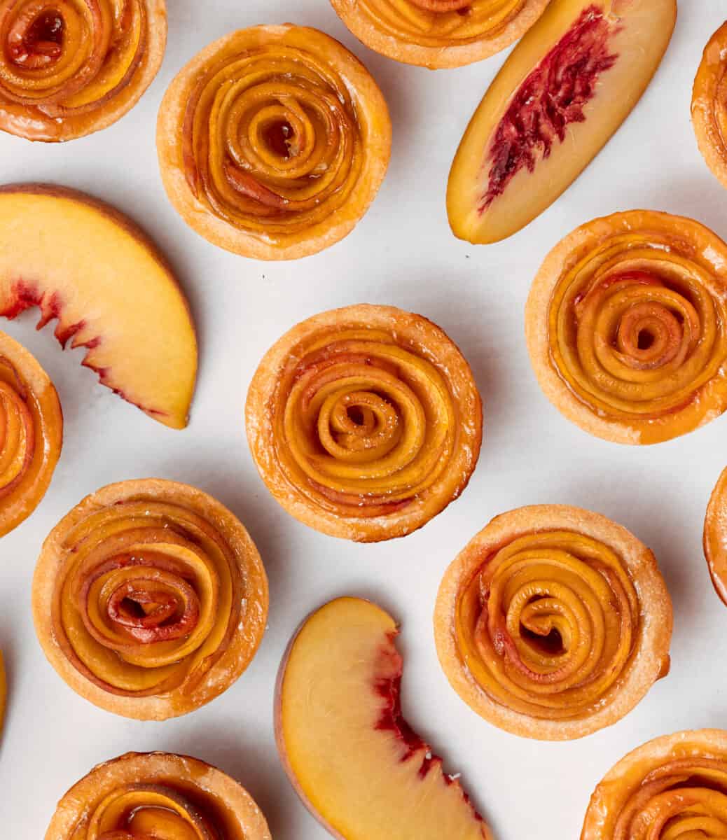 Peach rose tartlets seen from above.