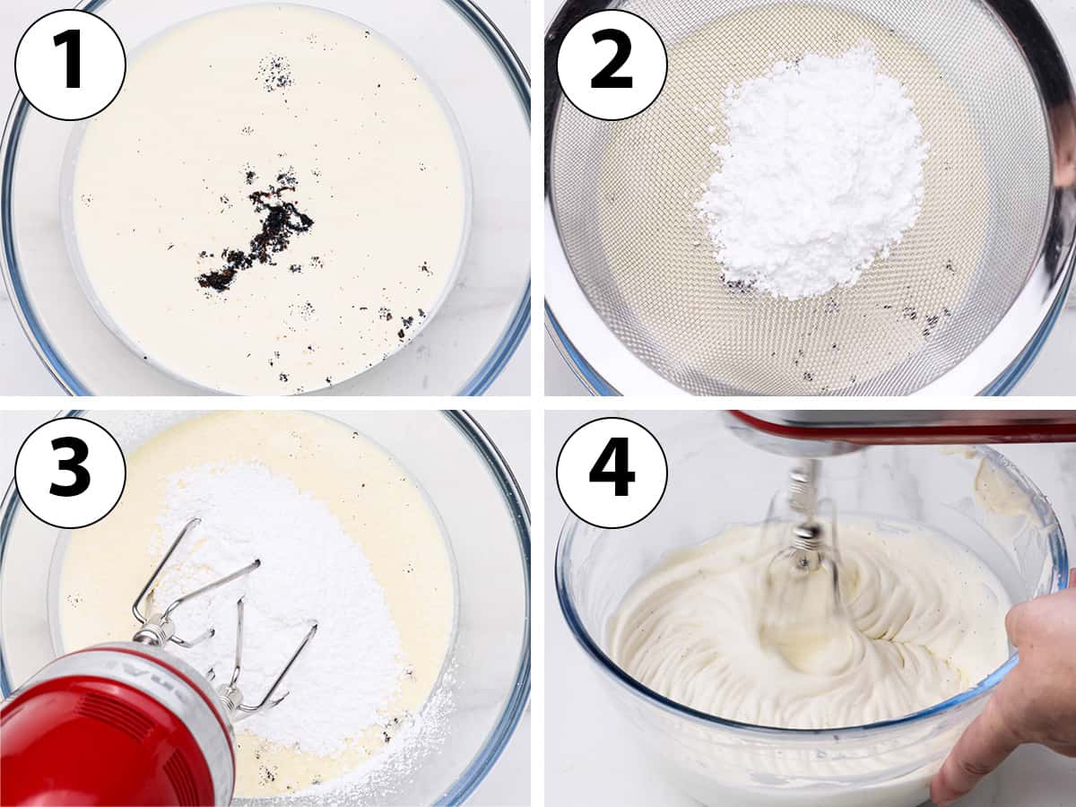 Process Shot Collage: placing the cream, vanilla and sugar in a large bowl and whipping it with electric mixer to reach medium peaks.