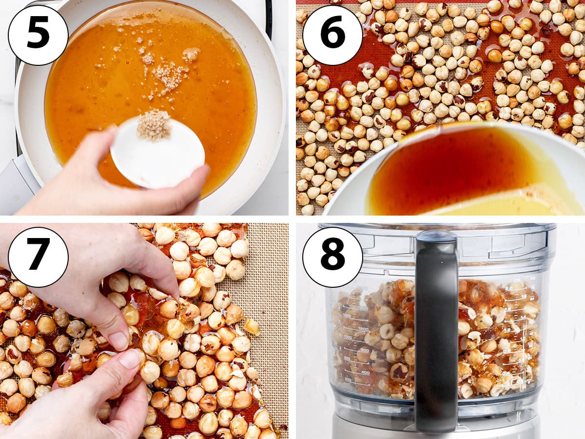 Process Shot collage: adding salt to the caramel, pouring it over the nuts then chopping them once completely cool.