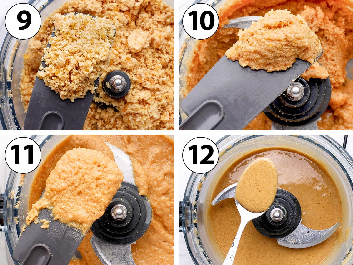 Process Shot collage: different stages of mixing the mixture in the food processor, going from a thick powder to a liquid paste.