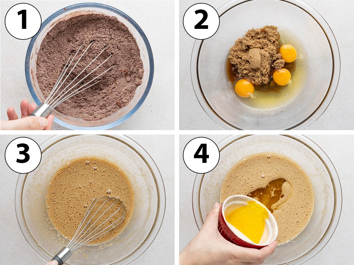 Process shot collage: combining dry ingredients then mixing wet ingredients in a separate bowl.