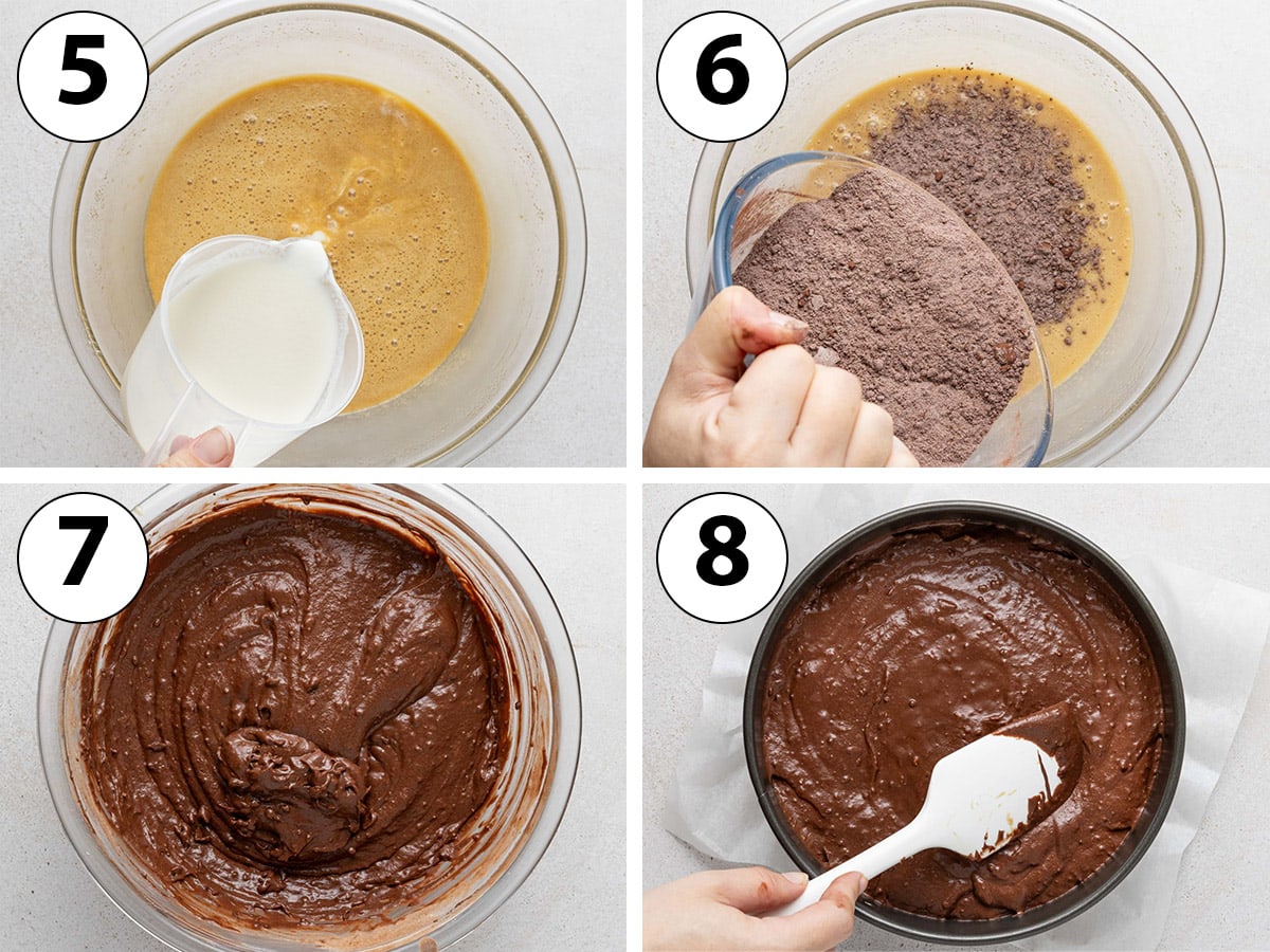Process shot collage: combining wet and dry ingredients then pouring the batter into a springform pan.