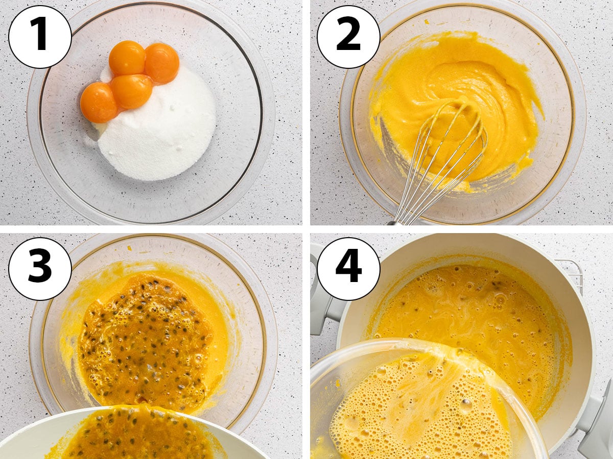 Process Shot Collage: tempering the eggs and sugar with warm passion fruit puree.