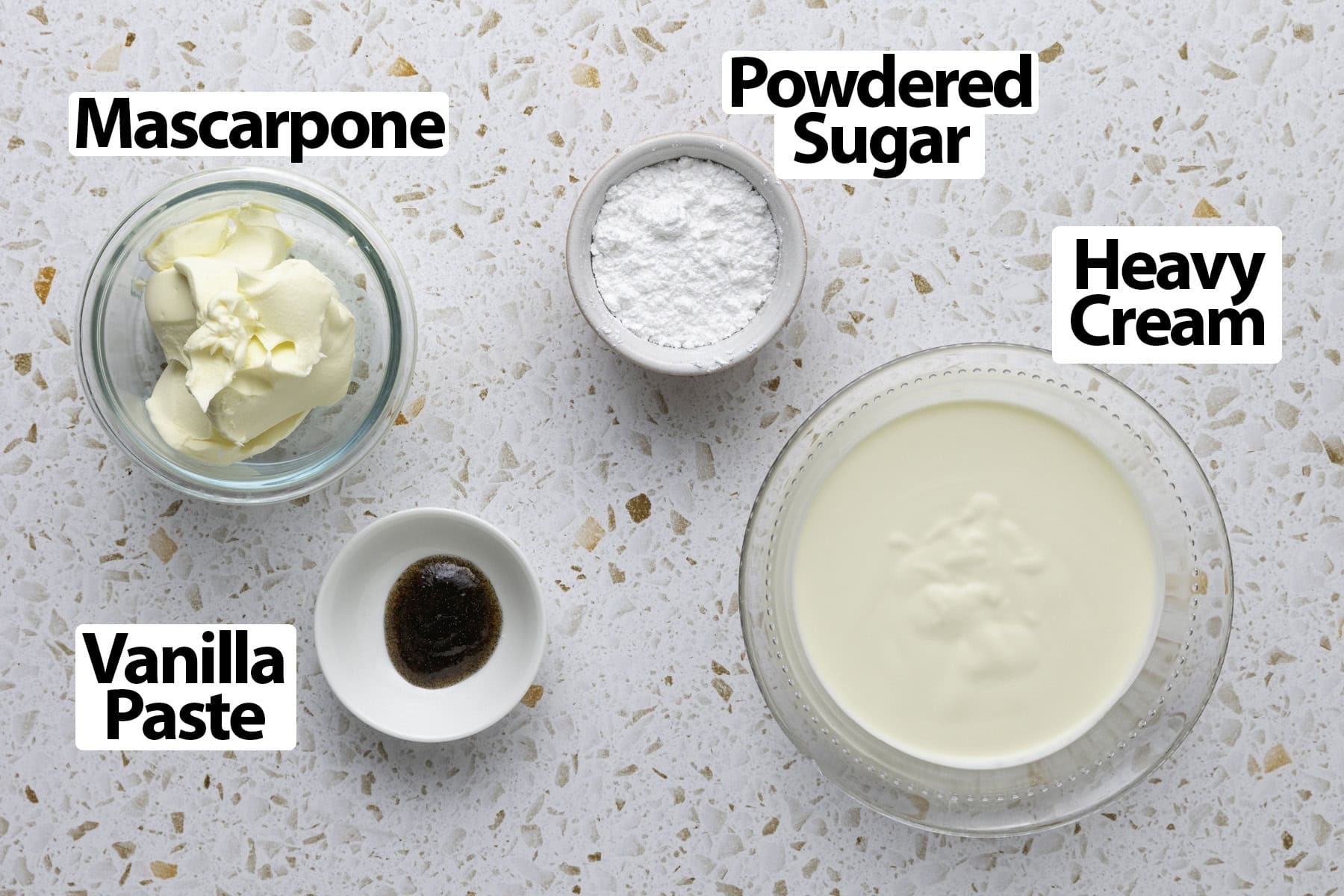 Ingredients laid on a terrazzo surface.