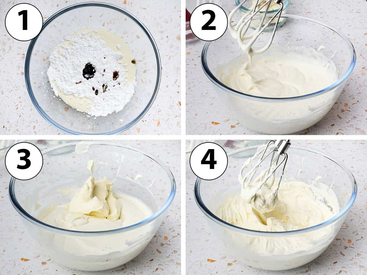 Process shot collage: whipping the cream, sugar and vanilla in a bowl to soft peaks, adding the mascarpone and whipping to stiff peaks.