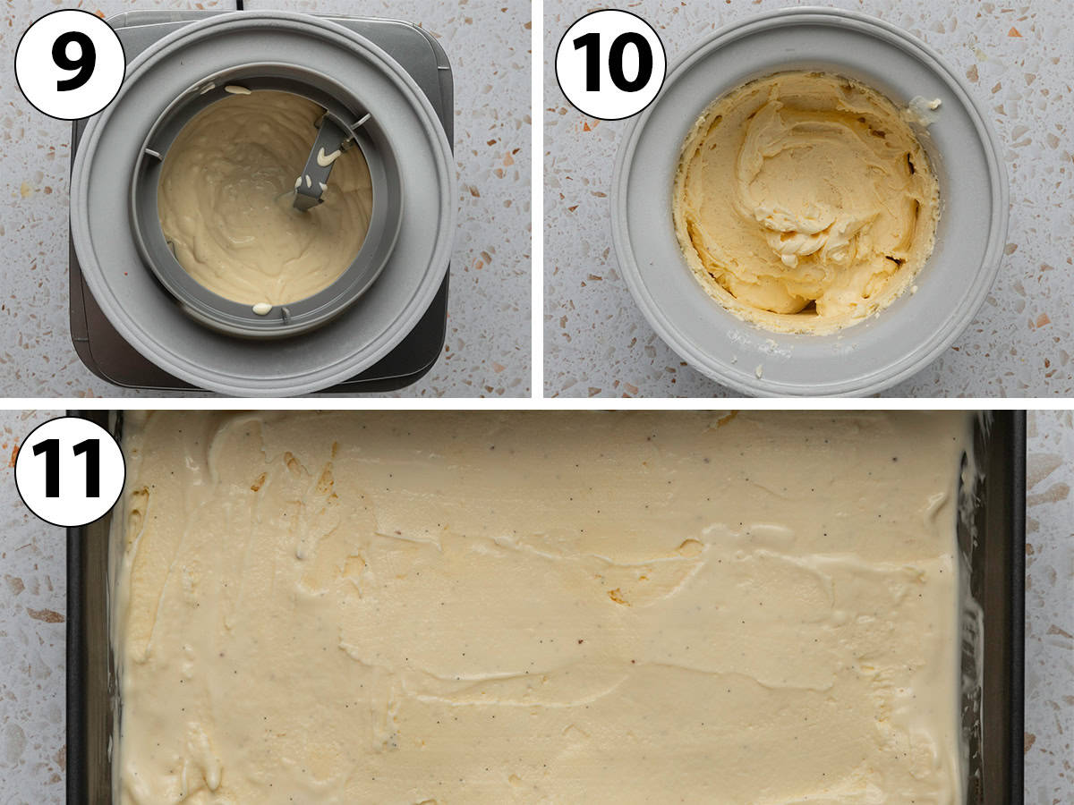 Process shot collage: churning the ice cream mixture in an ice cream machine then chilling it in a loaf pan.